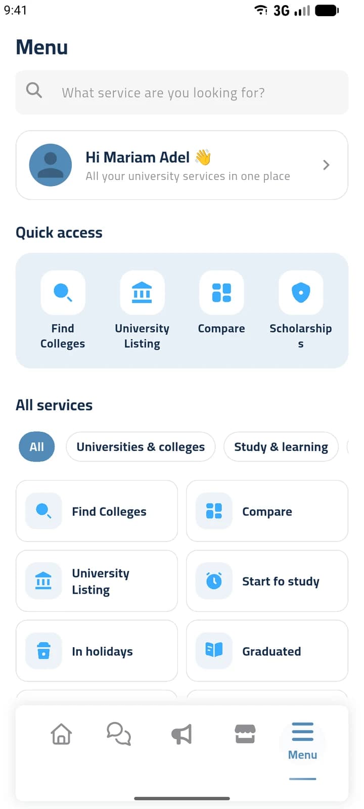 Tariqi app screen: the Menu with quick access to Find Colleges, University Listing, Compare and Scholarships, and all services grouped by category