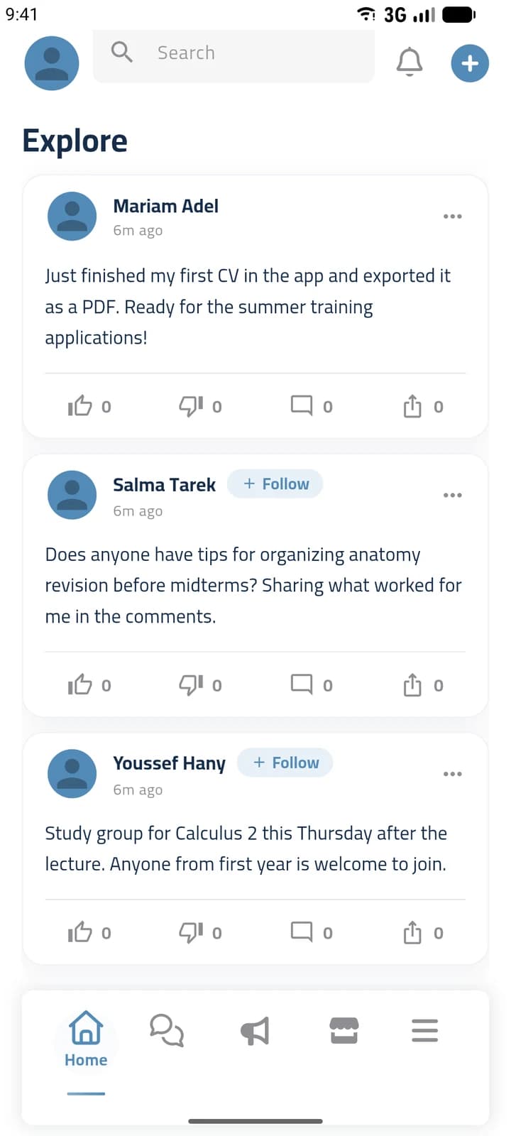 Tariqi app screen: the home feed with student posts, reactions and comments