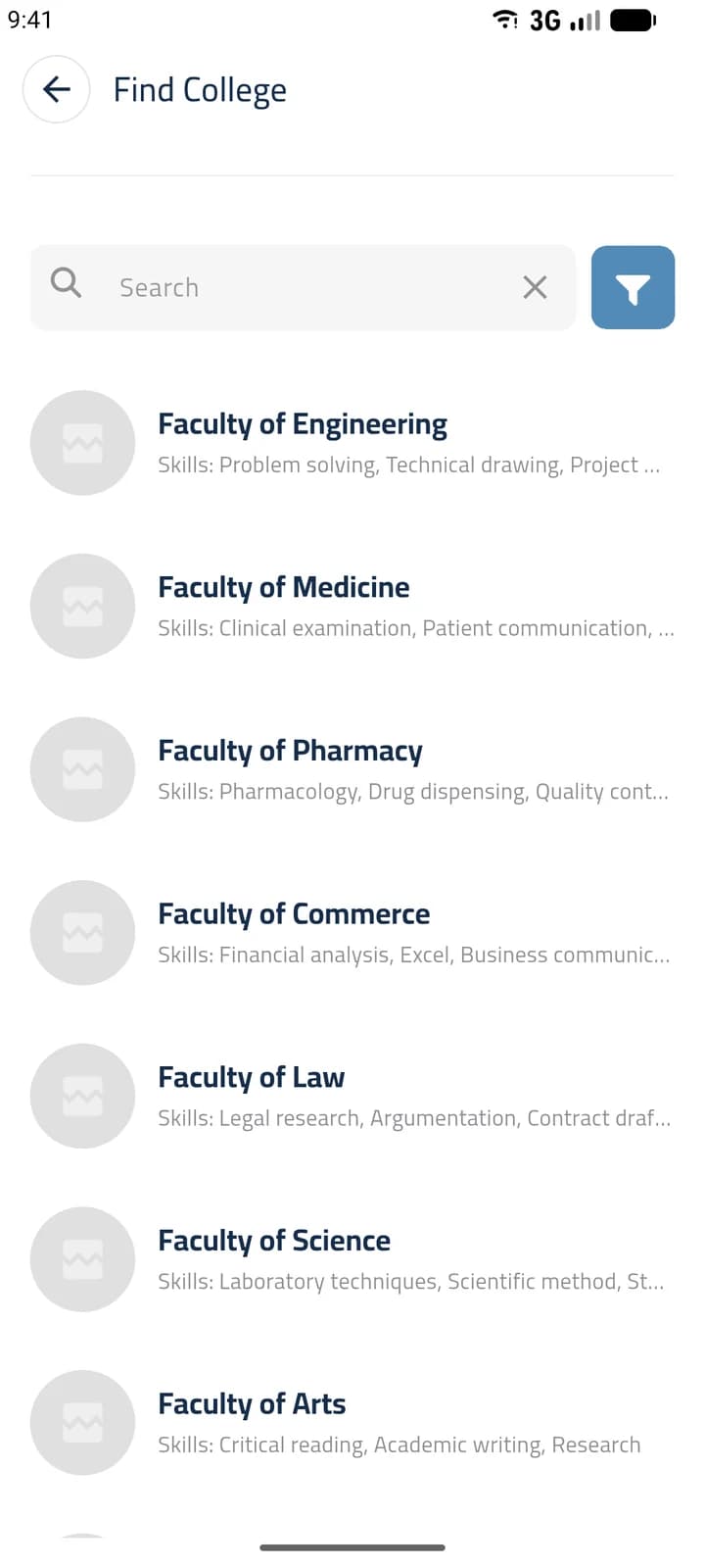 Tariqi app screen: Find College, a searchable list of colleges with the skills each one builds