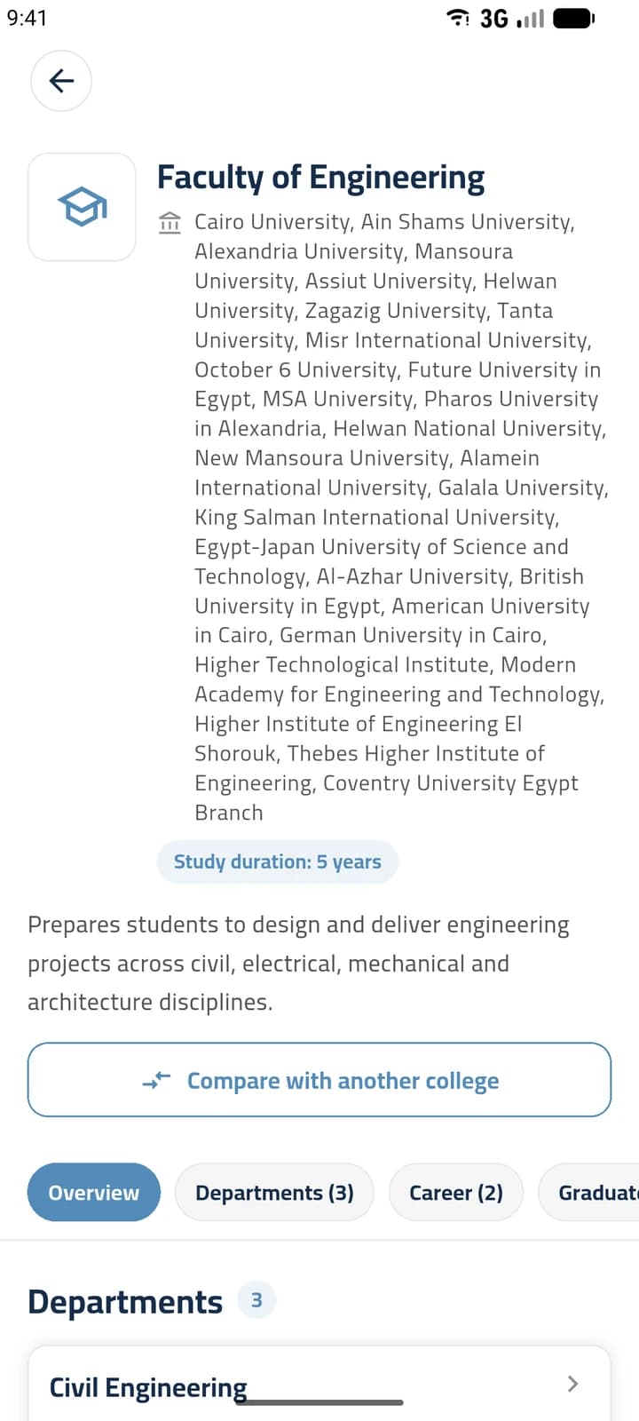 Tariqi app screen: college details with the universities that offer it, study duration, departments, careers and graduates