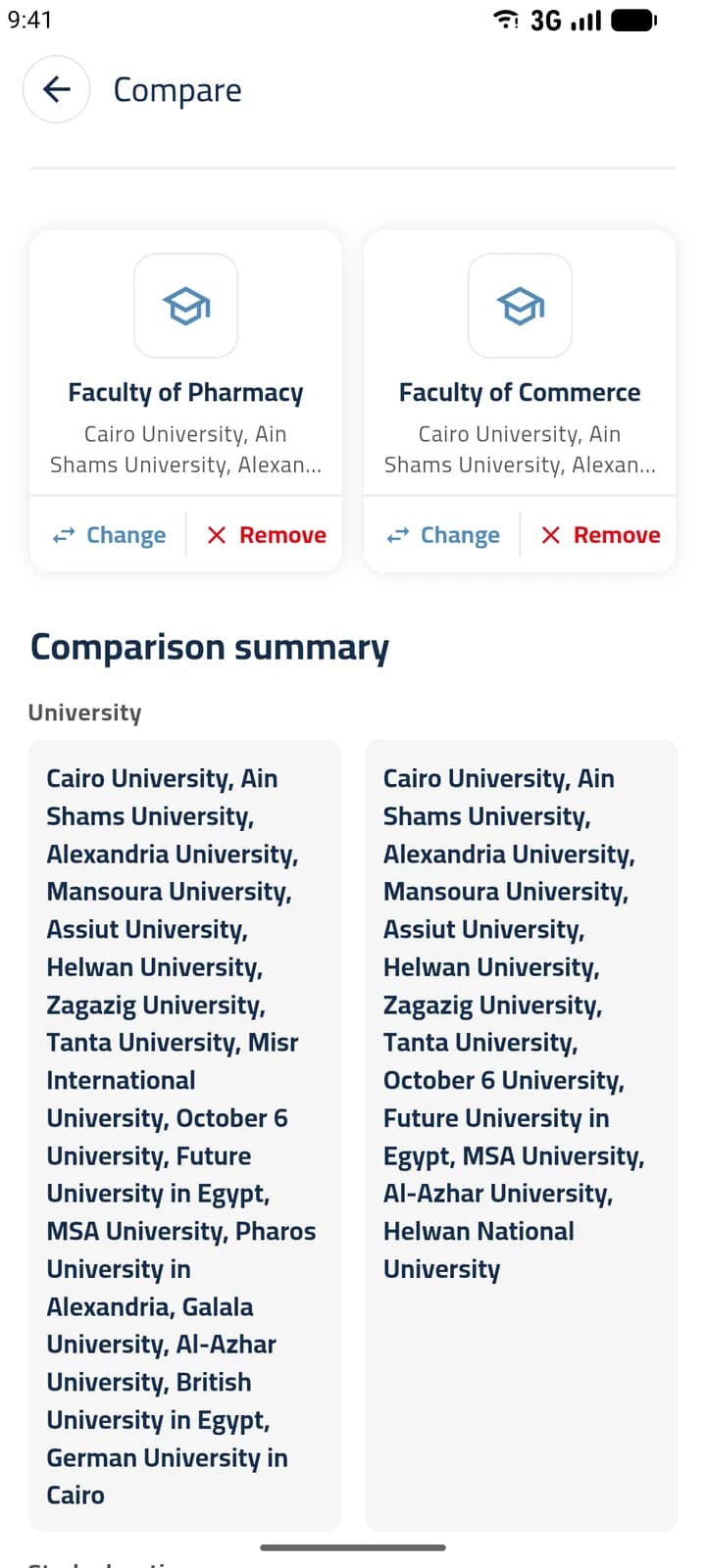 Tariqi app screen: comparing two colleges side by side