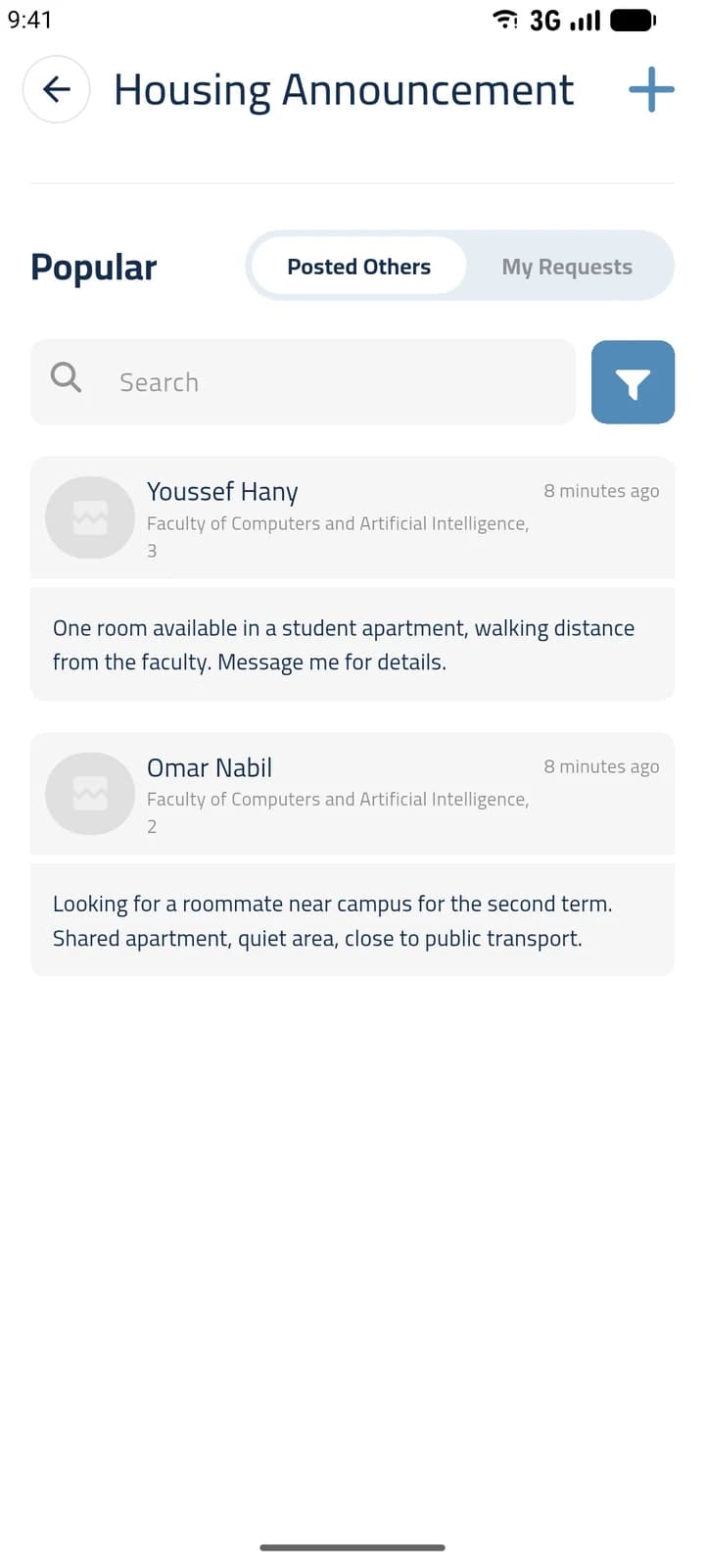 Tariqi app screen: housing announcements posted by students